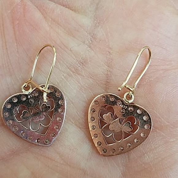 New 10k Real Gold Heart Dangling Earrings Heart Earrings - Picture 3 of 8